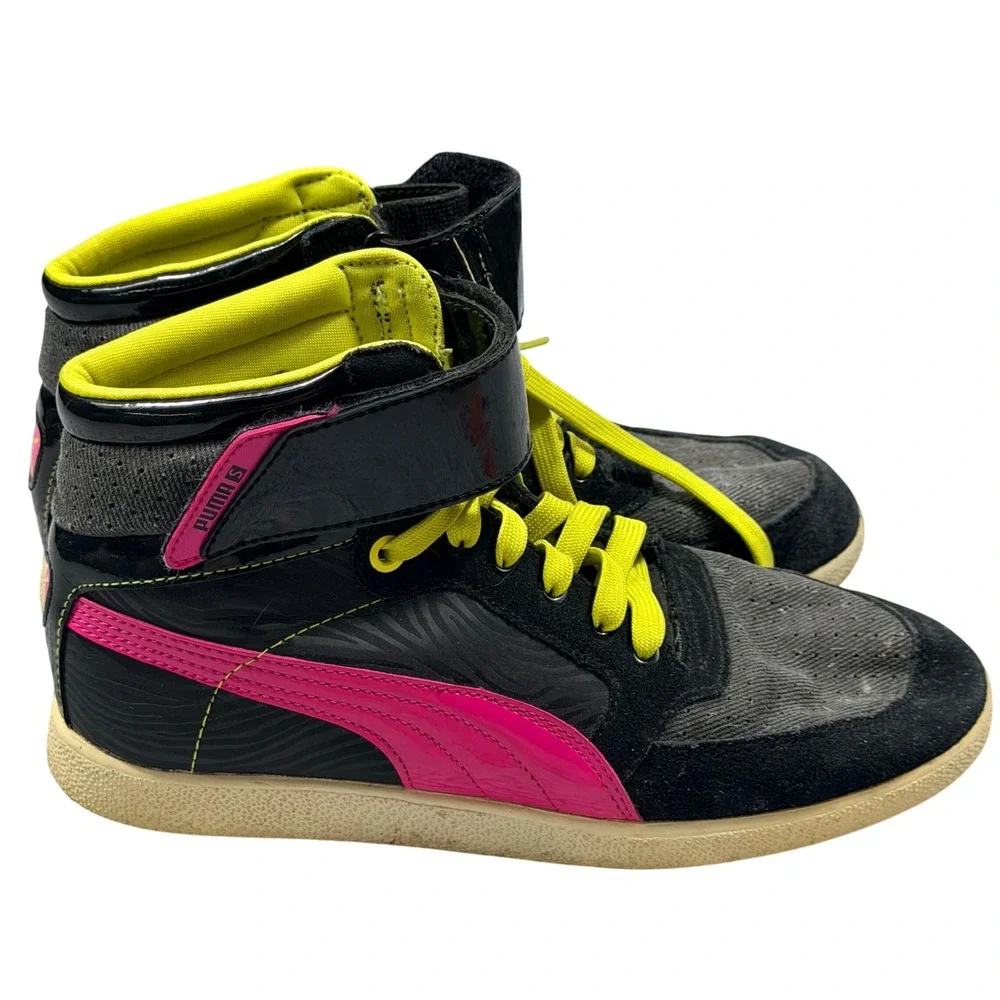 Puma High Top Sneakers Womens 7.5 Black Pink Yellow Suede Strap 355520-01 Y2K